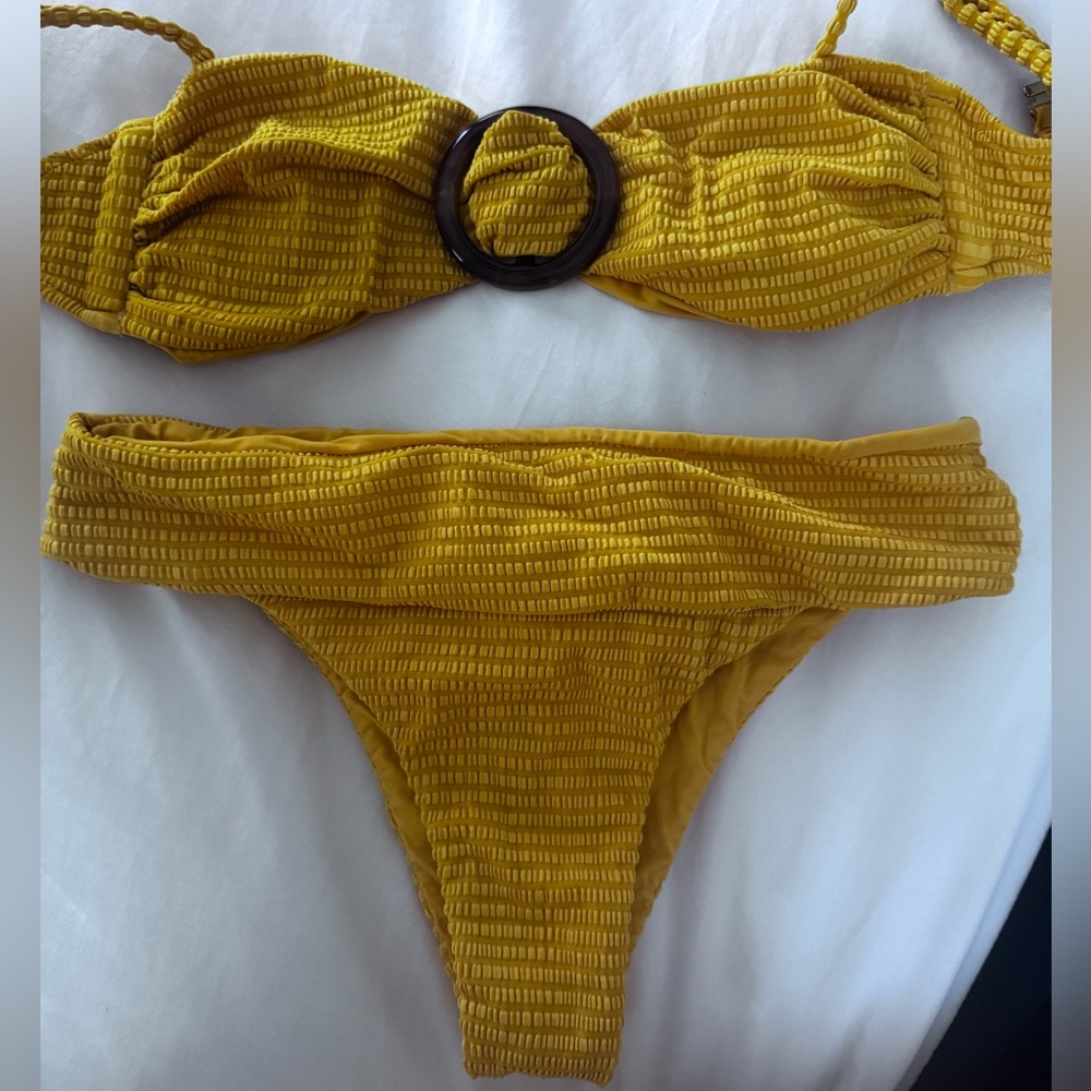 Farm Rio Mustard Yellow Textured Bikini Set with Ring Detail